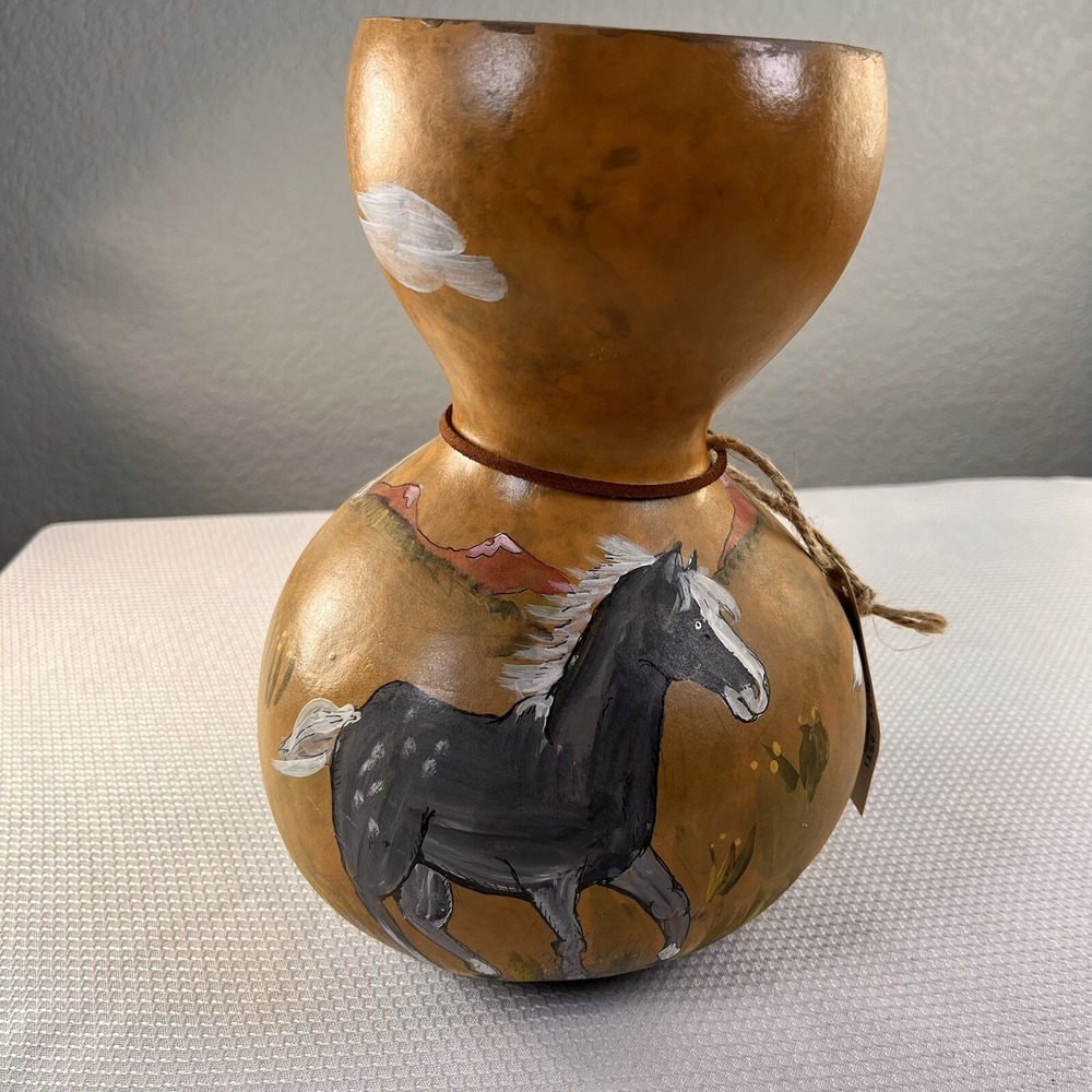 Hand Painted Horse Heads Gourd Art Pot Vase, Signed 10" tall - Picture 2 of 11